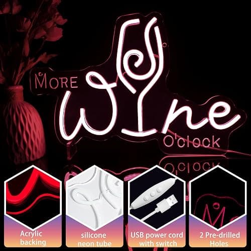 Wine Glass Neon Sign More Wine O'clock Neon Light for Wall Decor Red LED Signs for Bar Pub Home Bar Restaurant Bedroom Party Decoration USB Powered Wine Time Sign Lights thumbnail 5