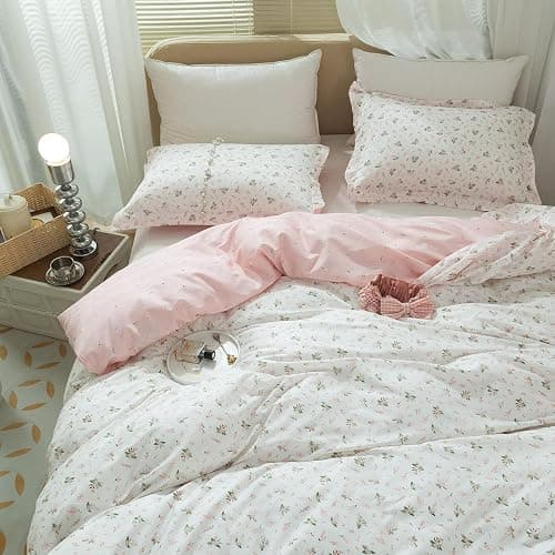 Girl Duvet Cover Twin Pink White Flower Print Bedding Sets Garden Style Floral Comforter Cotton Aesthetic Cover Chic Floral Bedroom Collection 1 Duvet Cover with 2 Pillowcases thumbnail 2