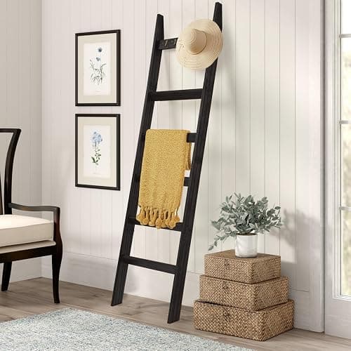 TEAKMAMA 6-Tier Blanket Ladder for Living Room and Bedroom,5.4 Ft Wall Leaning Quilt Rack with Hooks,Rustic Decorative Farmhouse Blanket Storage,Stylish Ladder Holder,Christmas Decorations,Black thumbnail 7