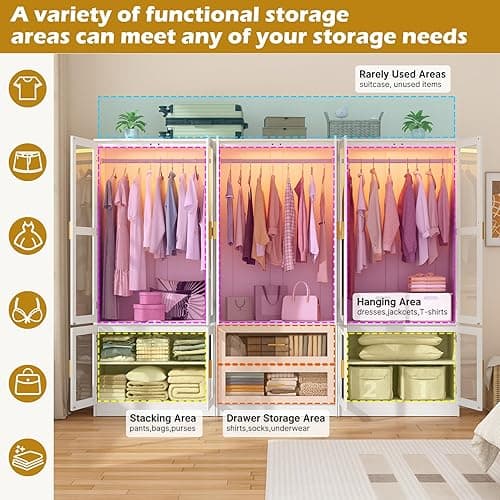 6 Doors Armoire Wardrobe Closet with LED and Mirror,71" H Freestanding Wooden Wardrobe Closet Cabinet for Bedroom w 2 Drawers,Wooden Clothing Storage Cabinet w Hanging Rod,Closets for Bedroom(White) thumbnail 9