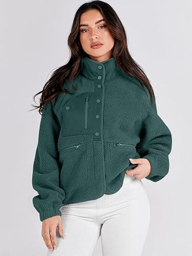 ANRABESS Womens Fuzzy Fleece Jacket Fall Casual Long Sleeve Cropped Sherpa Button Down Shacket Coats Outwear With Pockets thumbnail 4