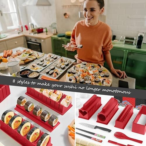 HI NINGER Sushi Making Kit Deluxe Edition Complete Sushi Maker Kit 12PCS Home Sushi Mold Press with Sushi Rice Roll Mold Shapes,Fork , Sushi Knife,Sushi Rolling Mat,Chopsticks thumbnail 3