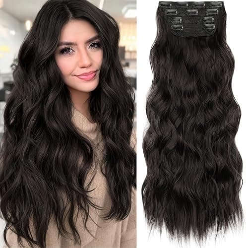 KooKaStyle Clip in Synthetic Hair Extensions Long Wavy 4PCS Thick Hairpieces Dark Brown 6# Fiber Double Weft Natural Hair Extensions 24 Inch for Women - Image 1