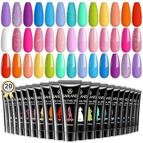 SAVILAND Poly Gel Nail Colors - 20 Colors Nail Extension Gel Kit Bright Rainbow Pink Purple Blue Color Collection Poly Gel Nail Kit for Daily Nail Art DIY Nail Salon Gift for Girls - Image 1
