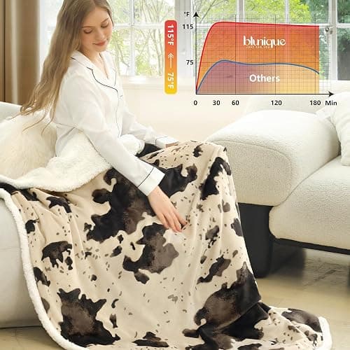 blunique Cow Print Heated Throw Blanket Electric Blanket-Heating Blanket Throw with 10 Heat Levels & 10 Hours Auto-Off, Cozy Soft Fleece Sherpa, Washable, 50 x 60 Inches Cow Print Light Brown thumbnail 4