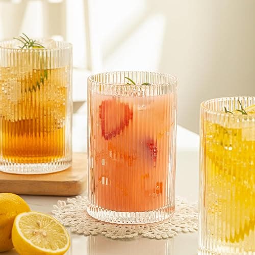 POLIDREAM Vintage Ribbed Glassware Set: 6pcs 16.9oz Drinking Glasses, Fluted Ripple Drinkware, Origami Style, Elegant Glassware for Whiskey, Cocktail, Iced Coffee, Juice, Beer, Soda thumbnail 4