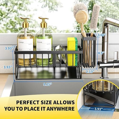 Cisily Kitchen Sink Caddy Organzier with High Brush Holder, Sponge Holder for Sink, 304 Rustproof Stainless, Kitchen Countertop Soap Dispenser Organizer, Kitchen Decor and Accessories (Black) thumbnail 4