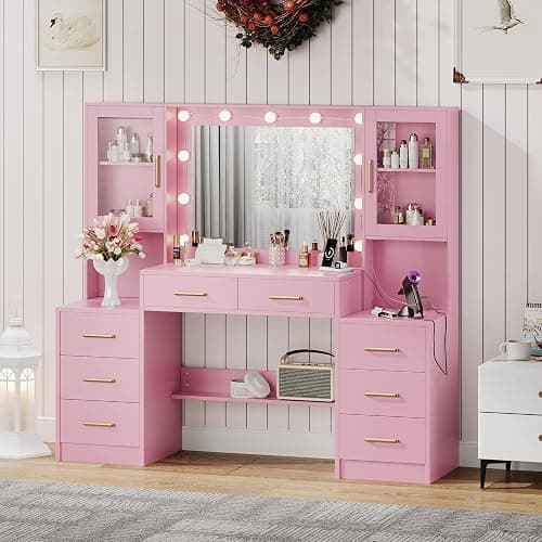 58.3" Makeup Vanity Desk with Charging Station, Pink Makeup Dressing Table with Mirror & Lights, 3 Lighting Modes Adjustable Brightness, Vanity Table with Power Outlet & 8 Drawers without Stool thumbnail 9