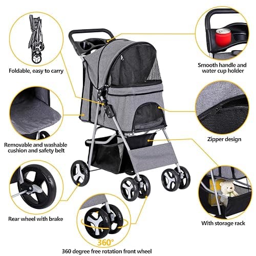 ZENY Foldable Pet Stroller, Cat/Dog Stroller with 4 Wheel, Pet Travel Carrier Strolling Cart with Storage Basket, Cup Holder (Grey) thumbnail 4