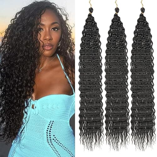 Samtress Ocean Wave Crochet Hair 24 Inch Curly Braiding Hair 3 Packs Deep Wave Crochet Hair Natural Black Wet and Wavy Braiding Hair For Boho Braids Hair Extensions (#1B) - Image 1