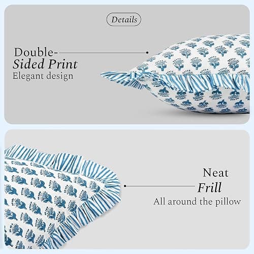 CPC Apatite Blue 100% Cotton Block Print Ruffle Pillow Cover 16X16 inch, Handmade Boho Floral Pillowcase, Farmhouse Cottagecore Bedding, Soft Decorative Cushion Cover for Bedroom Décor thumbnail 2