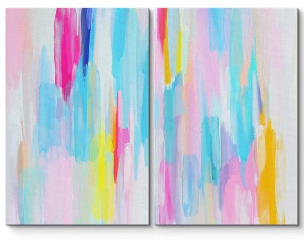 SIGNLEADER Framed Canvas Print Wall Art Set Vibrant Blue Pink Pastel Stripes Abstract Shapes Digital Art Modern Art Decorative Minimal Relax/Zen for Living Room, Bedroom, Office - 16"x24" x 2 - Image 1
