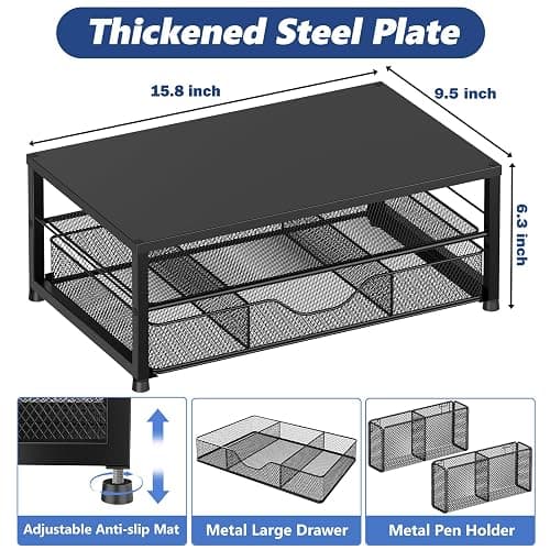 OPNICE Desk Organizer and Accessories, 2-Tier Computer Monitor Stand Riser with Drawer and 2 Pen Holders, Laptop Stand, Office Desk Accessories for Office Supplies, Black thumbnail 3