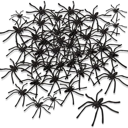 obqo 100 Pieces Halloween Spooky Black Plastic Spiders for Halloween Party Decorations, Prank Realistic Scary Spiders Toy for Kids Party Decorations - Image 1