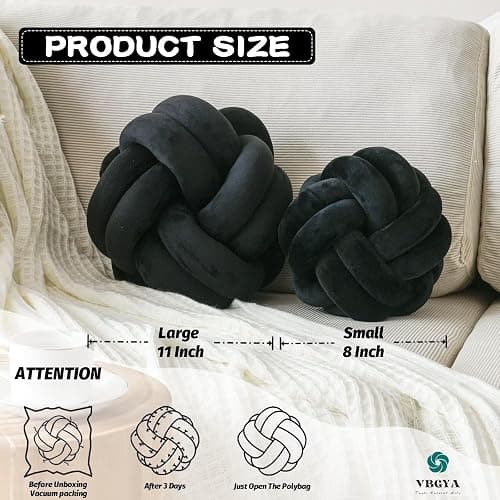 VBGYA Knot Pillow Ball, Soft Home Decorative Throw Pillows Cushion, Round Changeability Knotted Pillows, Modern Home Handmade Cushions for Bedroom, Sofa, Couch (8 Inch, Black) thumbnail 2