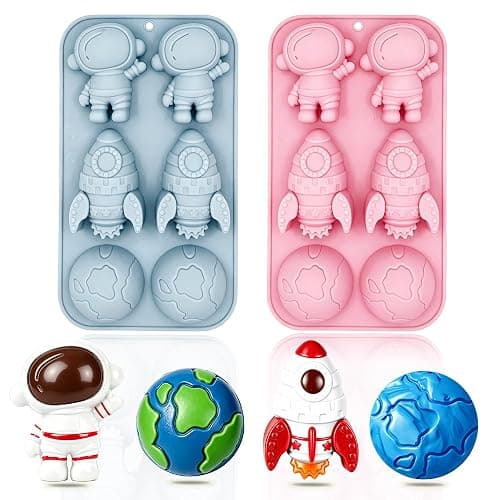 2 Pack Astronaut Silicone Molds 6 Cavity 3D Space Themed Rocket Plaster Molds for Kids, Earth Baking Mould Tray DIY Tool for Chocolate Cupcake Topper Mousse Pastry Soap Crayons Plaster Casting - Image 1
