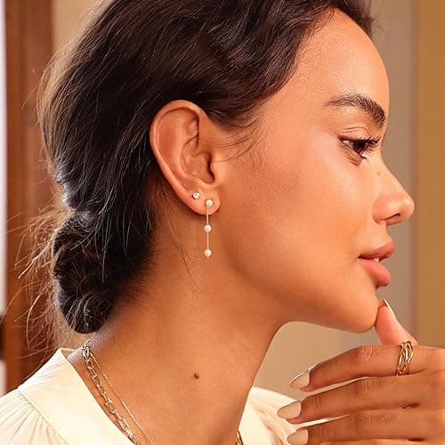 Moodear Dainty Pearl Dangle Earrings for Women - Trendy 14K Gold Plated Pearl Hypoallergenic Drop Earring Wedding Jewelry Gift thumbnail 4