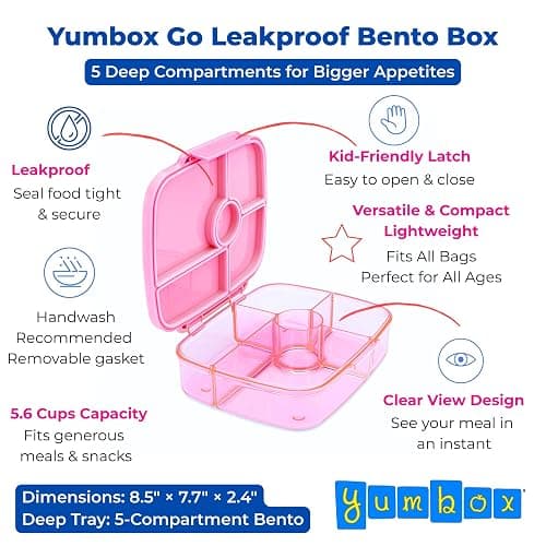 Yumbox Go Leakproof Bento Lunch Box, 5 Compartments, Sydney Pink | Deep Portioned Tray | Removable Silicone Gasket | Lightweight Design | Fits Most Lunch Bags | Food-Safe & BPA-Free thumbnail 3