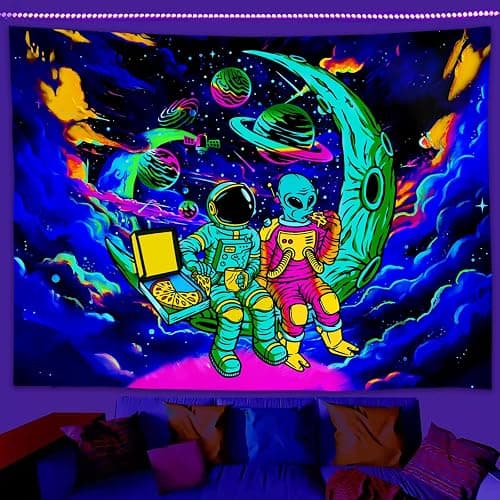 Sanzugh Funny Space Astronaut Alien Blacklight Tapestry UV Reactive Poster, Trippy Universe Black Light Art for Men Guys Room Bedroom Decor Cool Psychedelic Glow in the Dark Tapestries Wall Hanging thumbnail 2