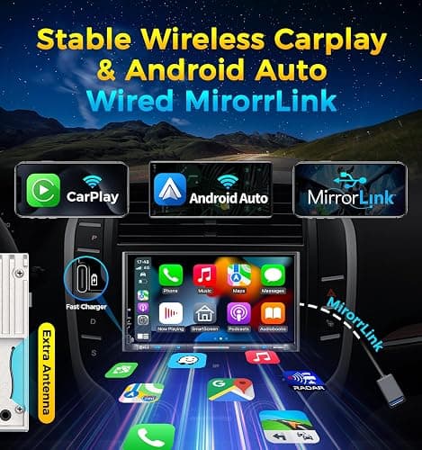 PLZ 7" Wireless Double Din Car Stereo Apple Carplay Radio QLED Screen for Car, Android Auto, Bluetooth 5.3, Fast Charger, 1080P Backup Camera, 4.2 Channel Outputs 240W, 2 Subwoofer thumbnail 2