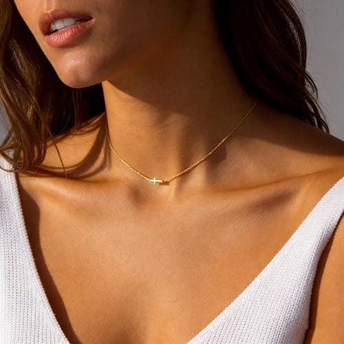 Jewigo Cross Necklace for Women 18K Gold Plated Dainty Cubic Zirconia Pendant Cross Necklace Cute Sideways Cross Faith Necklace Simple Christian Birthday Christmas Jewelry Gift thumbnail 3