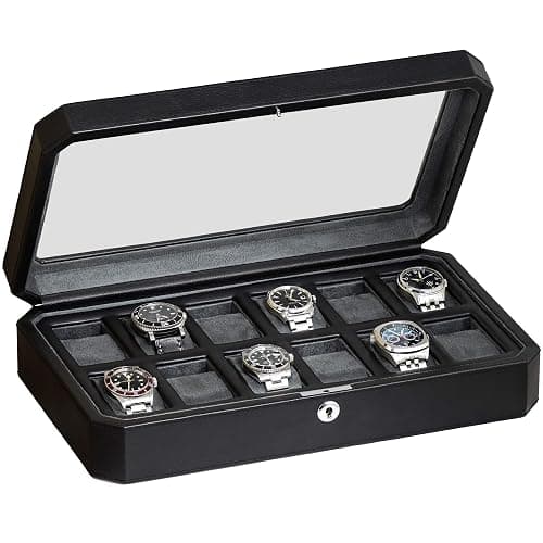 ROTHWELL 12 Slot Leather Watch Box for Men - Luxury Case Display Jewelry Organizer with Microsuede Liner - Travel Jewelry Case for Mens Accessories, Travel Organizer (Black & Grey) thumbnail 9
