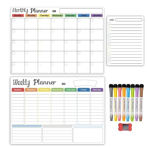 Hivillexun 3-Pack Magnetic Dry Erase Calendar Whiteboard Set for Fridge, Wall & Refrigerator Organisation – Monthly, Weekly & Daily Planners – Includes 8 Markers & Eraser thumbnail 7