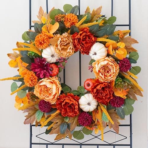 24 Inch Fall Wreaths for Front Door with Orange Peony and Burgundy Dahlias | Artificial Silk Autumn Wreath with Realistic White Pumpkin,Rustic Farmhouse Thanksgiving Halloween Decorations for Porch Wall thumbnail 8