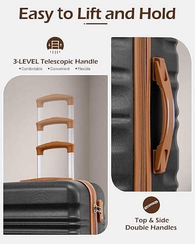 LONG VACATION 6 Piece Luggage Set Carry on Suitcase with ABS+PC hardshell, Spinner Wheels & YKK Zipper TSA Lock (BLACK-BROWN, 6 piece set) thumbnail 4