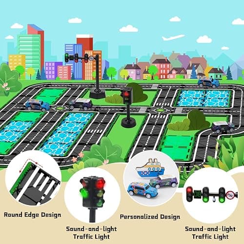 Magnetic Tiles Road Set with Pullback Car & Magnet Ship,Traffic Themed Magnetic Building Tiles Set with Traffic Light,STEM Magnet Tile for Kids Ages 3-5 4-8 5-7,Preschool Educational Kids Toys Gifts thumbnail 6