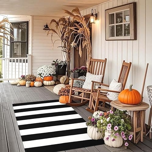 HEHJIPY Black and White Striped Outdoor Rug 27.5'' x 43'' Front Door Rug,Washable Cotton Woven Indoor/Outdoor Small Area Rugs,Layering Rug Door Mats for Front Porch/Entryway/Front Door Decor thumbnail 7