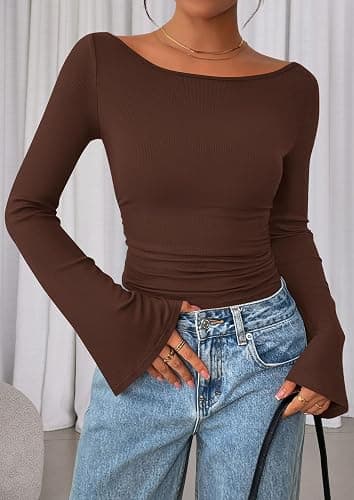 Women's Long Sleeve Shirts 2025 Fall Crop Going Out Tops Casual Boat Neck Bell Sleeve Ribbed Ruched Y2K Clothes thumbnail 2