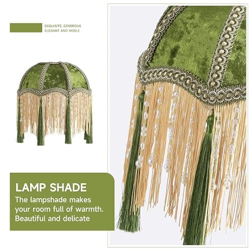 xiaojuande-Lampshade with tassels, Premium Classic Victorian, Style Bell Shape Scallop velvet top replacement lamp,9.8“Width 11.3”height(olive green) thumbnail 5
