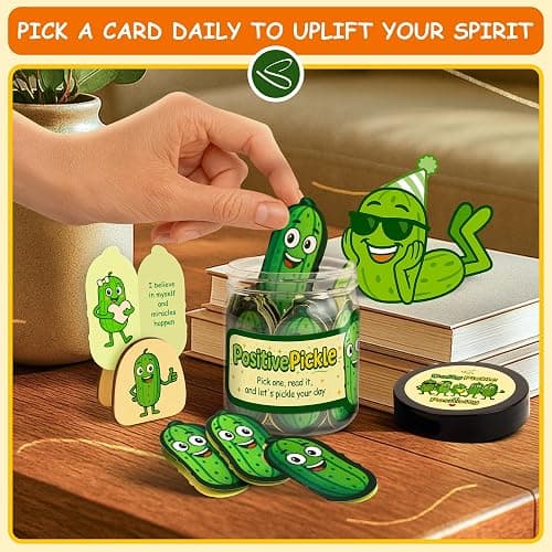 Positive Pickle Jar, 60 Affirmation Cards, Teacher Back to School Gifts | motivational cards, wooden stand, desk decor, inspirational gift for teen girls, friends, coworkers thumbnail 6