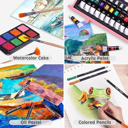 175 Piece Deluxe Art Set with 2 Drawing Pads, Acrylic Paints, Crayons, Colored Pencils, Paint Set in Wooden Case, Professional Art Kit, Art Supplies for Adults, Teens and Artist, Paint Supplies - Pink thumbnail 3