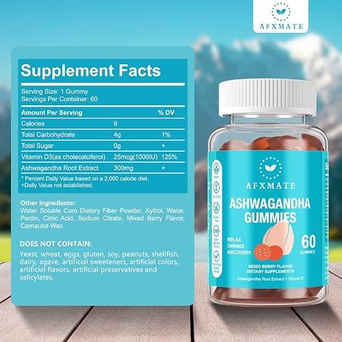 AFXMATE Ashwagandha Gummies & Vitamin D Gummies for Men & Women 120 Count Aswangdha Supplement (Non-GMO, Sugar Free & Gluten Free) thumbnail 5