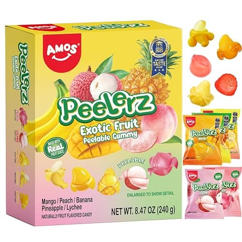 AMOS Peelerz Exotic Fruit Peelable Gummy Candy – 5 Fruit Flavors (Mango, Peach, Banana, Pineapple, Lychee), 8.47oz (240g), Individually Wrapped - Image 1