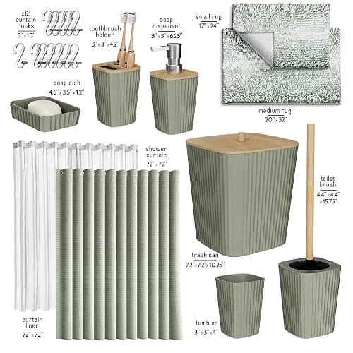 Clara Clark Bathroom Accessories Set - Bathroom Set, Bathroom Sets with Shower Curtain and Rugs, Shower Curtain Set with Trah Can - Ombre Sage Green - 22PC thumbnail 3