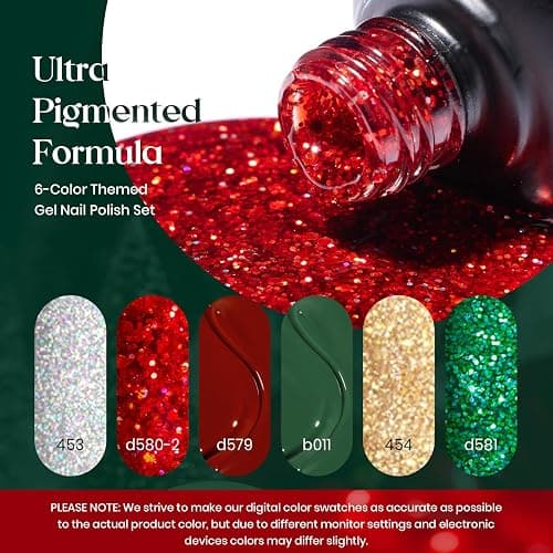 Beetles Christmas Gel Nail Polish, Red Sparkle Green Glitter Gold Silver Winter Gel Polish Dark Red Gel Polish Kits Soak Off Nail Lamp Uv LED Cured for Nail Art Design Gift for Women thumbnail 3