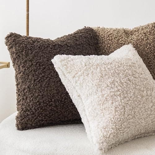 Foindtower 2 Pieces Teddy Faux Fur Throw Pillow Cover Decorative Sherpa Pillow Fuzzy Accent Pillowcases Soft Sheepskin Fleece Cushion Case for Bed Couch Living Room 18x18 Inch Chocolate thumbnail 5