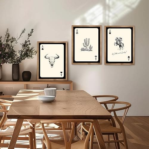 flangairy 3 Piece Western Wall Art Framed, 15.7×11.8 In Wooden Cowgirl Longhorn Bull Skull Cactus Wall Decor, Playing Card Themed Southwestern Rustic Farmhouse Decorations for Home Bedroom Living Room thumbnail 3