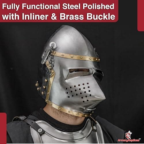 Armory Replicas™ 16G Sugar Loaf Full Face Medieval Helmet – Reinforced Steel, Leather Liner & Brass Buckle thumbnail 5