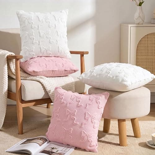 HEIFAM Pink Bow Throw Pillow Covers 18x18in, Pink Throw Pillow Cases Set of 4, White Bow Pillow Covers Decorations Faux Fur Soft, Bowknot Preppy Stuf Pillowcovers for Holiday Sofa Couch Home Decor thumbnail 5