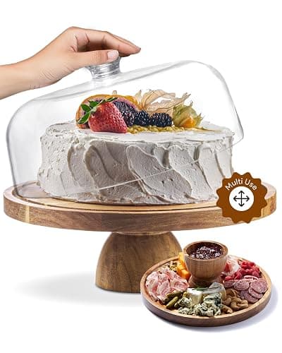 Acacia Wood Christmas Cake Stand with Dome Lid - 12in Round Holder, Holiday Hosting Essential for Thanksgiving and Christmas, 2-in-1 Festive Dessert Display & Charcuterie Board, Large Acrylic Dome Cover - Image 1
