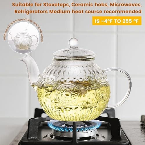 Bandesun Vintage Glass Teapot, Tea Kettle with Removable Infuser 32OZ/1000ml, Borosilicate Glass Pot -Stovetop Safe, Blooming & Loose Leaf Tea Maker Set thumbnail 4