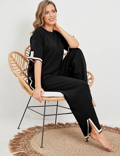 Tanming Sweater Sets Women 2 Piece Lounge Sets Short Sleeve Knit Pullover Tops Wide Leg Pants thumbnail 7