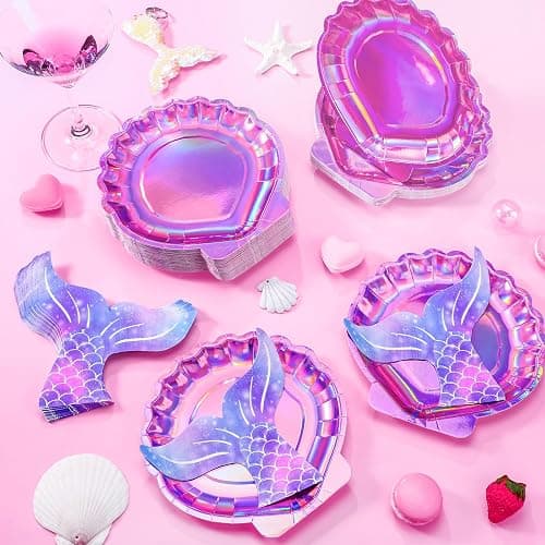Qeeenar 100 Pcs Mermaid Party Supplies Iridescent Pink Mermaid Plates and Napkins Paper Seashell Plates Tail Napkins Party Decorations for Birthday Baby Shower thumbnail 3