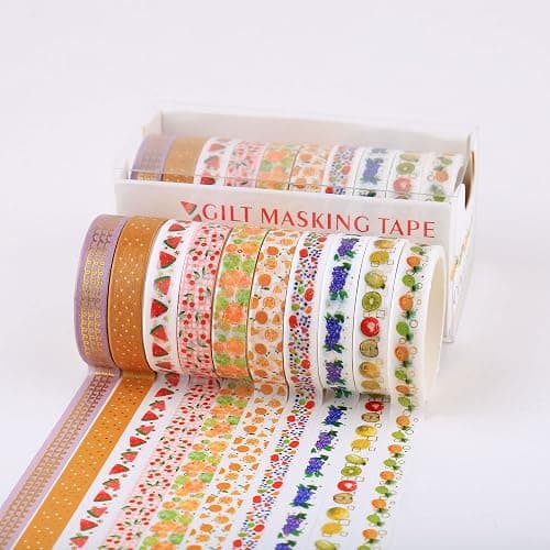 YUBBAEX 10 Rolls Sparkling Washi Tape Set 8mm Skinny Gold/Silver Foil Decorative Masking Washi Tapes for Bullet Journal,Scrapbook, Planner, DIY Crafts (Various Fruits) thumbnail 4