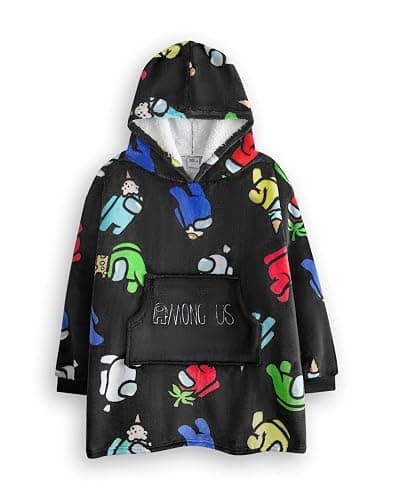 Among Us Jungen Tragbare Decke Hoodie | Kinder Kapuzen-Fleece-Pullover in Schwarz mit Mehrfarbigen Crewmates & Imposter Charakter Allover-Print | Sherpa Gefütterte Loungewear Mystery Gamer - Image 1