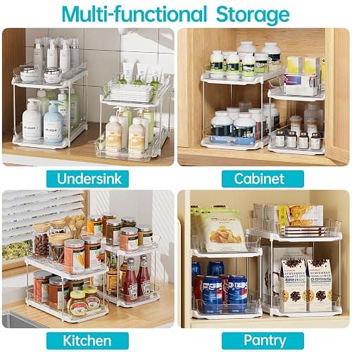Delamu 4 Pack 2-Tier Bathroom Under Sink Organizers and Storage, Multi-Purpose Stackable Pantry Organization and Storage, Pull Out Clear Kitchen Bathroom Cabinet Organizer with Movable Dividers, White thumbnail 7